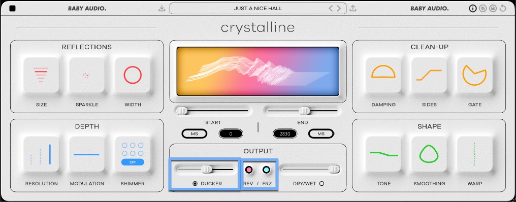 Baby Audio CrystallinのインターフェースでみせるDucker、Reverse、Freeze機能